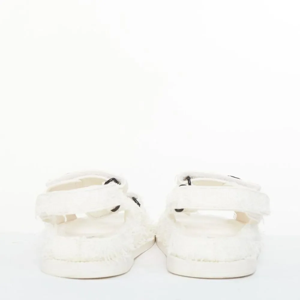 Chanel 2021 White Tweed Dad Sandals